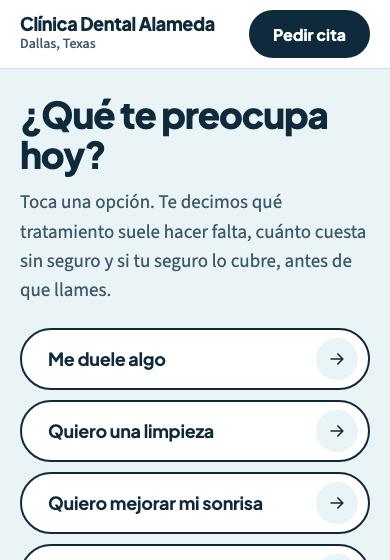 Página de ejemplo para clínicas dentales, vista en el celular