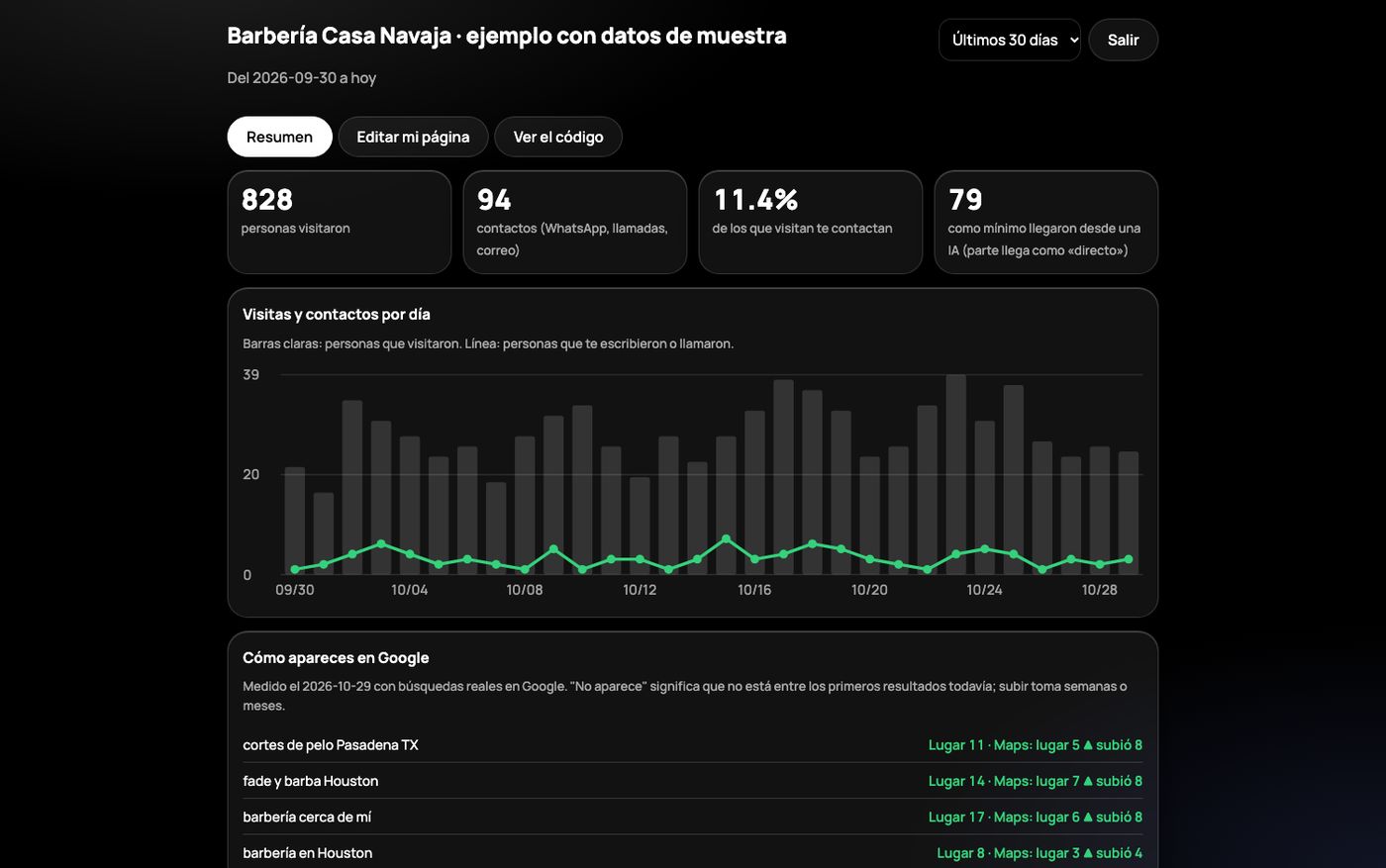 Panel con visitas, contactos por día y la posición en Google de cada búsqueda