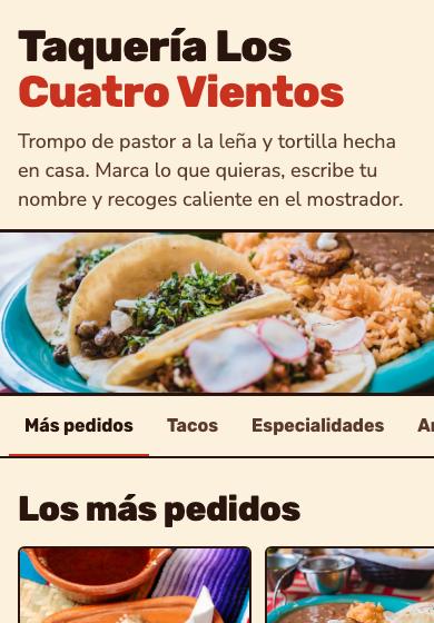 Página de ejemplo para restaurantes, vista en el celular