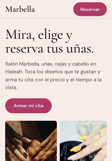 Página de ejemplo para salones de belleza, vista en el celular