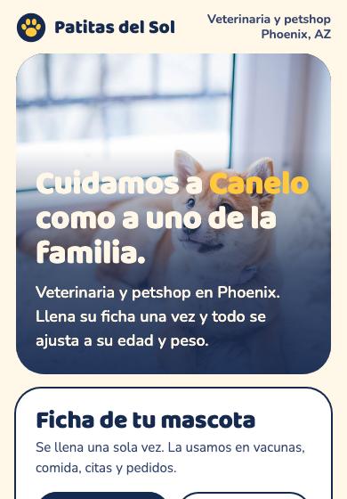 Página de ejemplo para veterinarias, vista en el celular