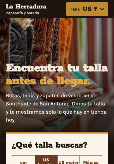 Página de ejemplo para zapaterías, vista en el celular